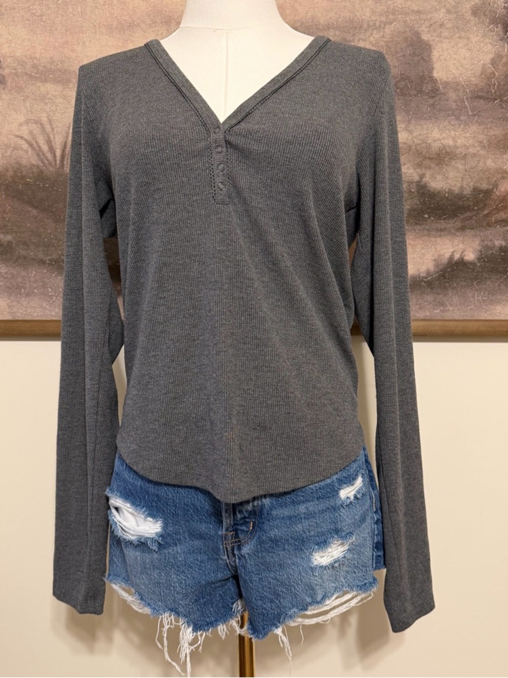American Eagle Outfitters Charcoal Gray Ribbed V-Neck Henley